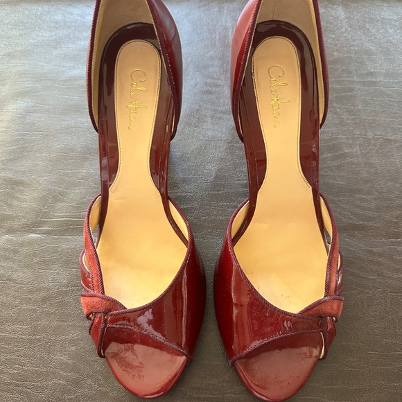 Cole Haan Burgundy Patent with Suede Open Toe D’Orsay Heels - 9 - Picture 6 of 6